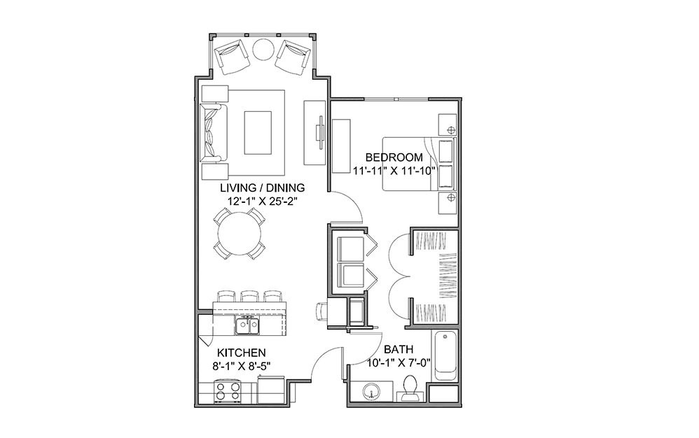 The Avenue C - 1 bedroom floorplan layout with 1 bath and 778 square feet (1st floor 2D)