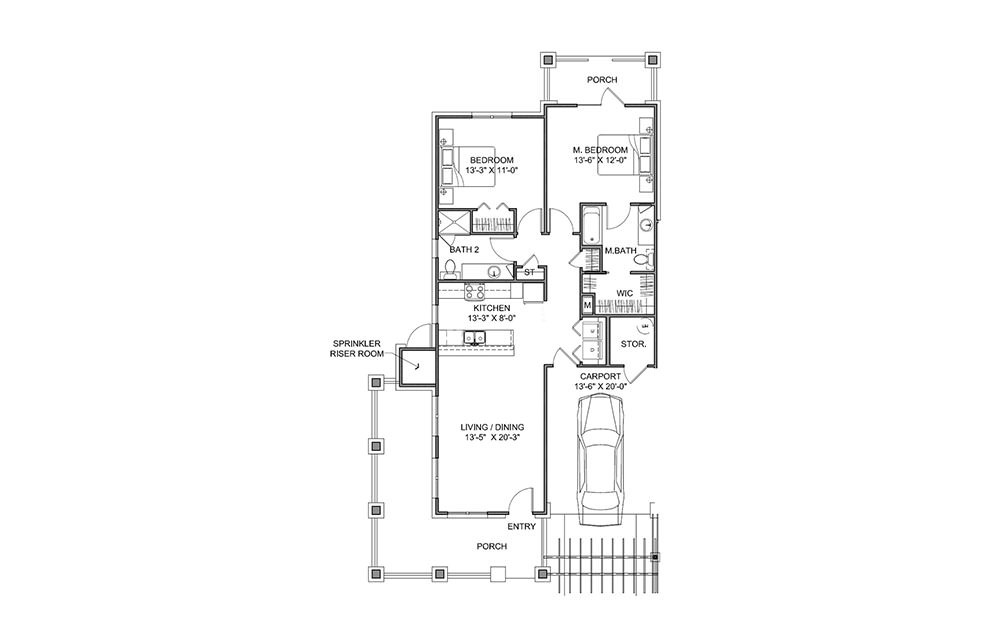 The Carriage House - 2 bedroom floorplan layout with 2 bath and 1114 square feet (1st floor 2D)