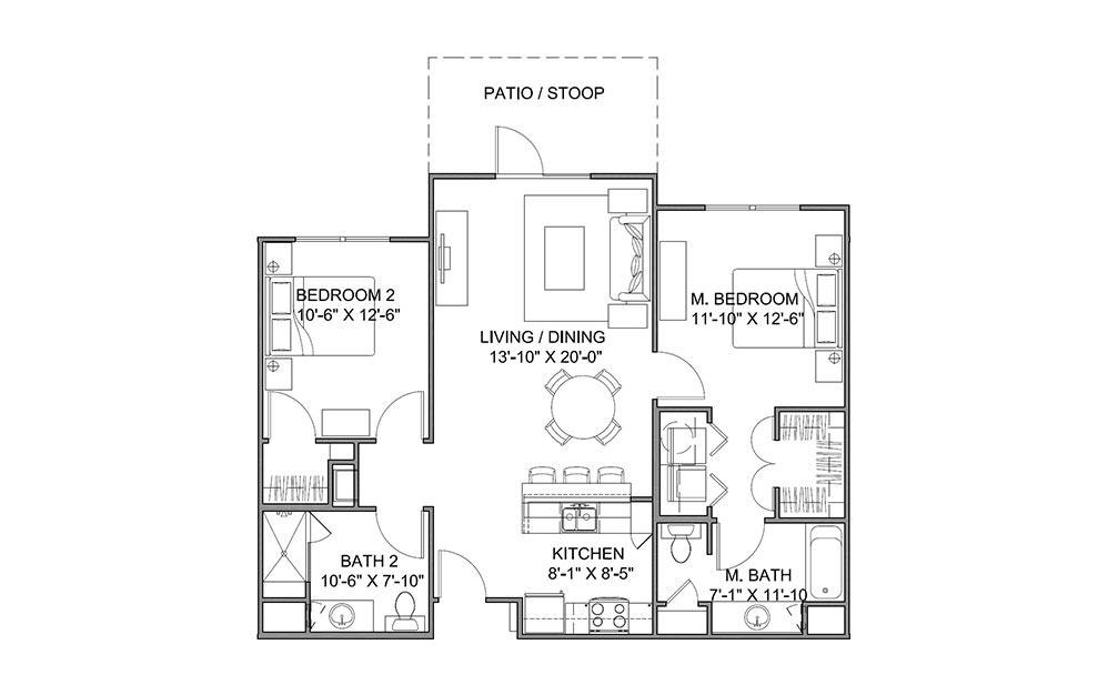 The Promenade A - 2 bedroom floorplan layout with 2 bath and 1026 square feet (1st floor 2D)